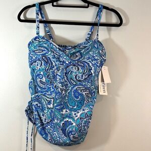 Upstream Blue Paisley Tankini‎ Top Swim Top Ruched 10 Boho Vacation Beach New